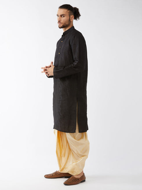 Vastramay Men's Black And Gold Silk Blend Kurta And Dhoti Set